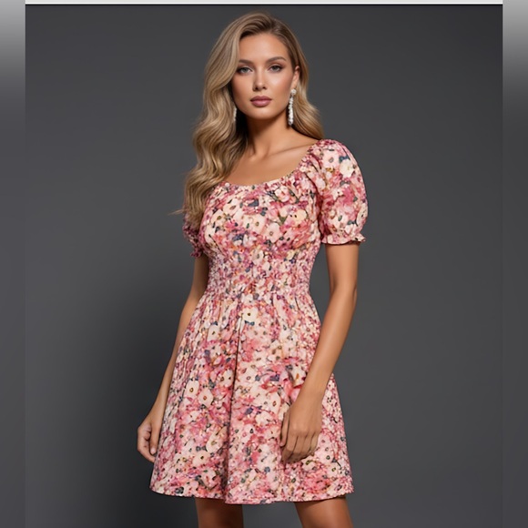 Floral Print Shirred  Puff Sleeve Dress - Picture 3 of 6